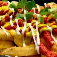 Hot Mess Fries · Personal-sized Boardwalk Fries smothered in Cheesy Sauce, Bacon crumble, Smoked-Out Aioli, s...