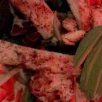 Grilled Chicken Salad · Served with red and green peppers, mixed greens, tomato, onion, avocado, and your choice of ...