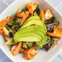 Grilled Shrimp Salad · Served with red and green peppers, mixed greens, tomato, onion, avocado, and your choice of ...