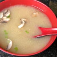 Misoshiru Soup · Mushrooms scallions and tofu flavored with soybean.