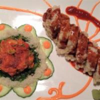 Fire & Ice* · spicy tuna tartare, cucumber, and seaweed salad with a spicy tuna tempura roll