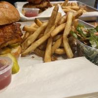 Hot Honey Fried Chicken · Double stack fried chicken dipped in our hot honey sauce served with pickles