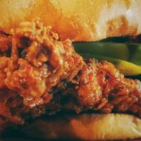 Single Hot Honey Fried Chicken · Single fried chicken sandwich dipped in our hot honey sauce and served with pickles