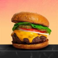 The Cheese Tradition Burger (Vegan) · Seasoned Beyond Meat patty perfectly cooked, topped with cheddar vegan cheese all on a gridd...