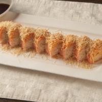 Lobster Tango Roll · Spicy lobster, . avocado inside, top with spicy crab meat, crunchy wrapped with pink soy pap...