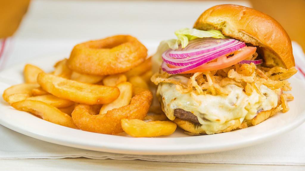 Irish Steakhouse Burger · With Mozzarella cheese, irish bacon, A1 sauce, crispy fried onions