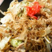 Yakisoba · Pan fried egg noodle w/veg, squid, pork and fish flake.