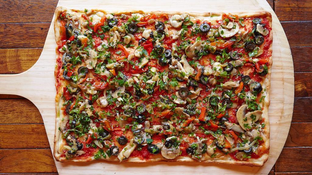 Vegan Pizza · Black olive, red pepper, mushroom, onion, parsley, and marinara sauce, no cheese.