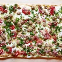 Lasagna Pizza · Sausage, ricotta, marinara sauce and fresh parsley.