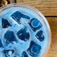 Iced Blue Majik Latte · E3Live Blue Majik Spirulina • Bone Broth Keto Protein (Vanilla)  • Vanilla Extract (16oz). B...