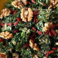 Supercharged Massaged Kale Salad* · Kale, Extra Virgin Olive Oil, Lemon Juice, Raw Walnuts, Hemp Seeds, Bee Pollen, Goji Berries...