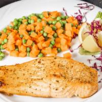 Grilled Salmon · Potato and vegetable. Served with choice of side.