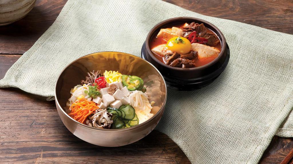 Bibimbap Combo · Rice with mixed vegetables (beef or without beef) and tofu soup.