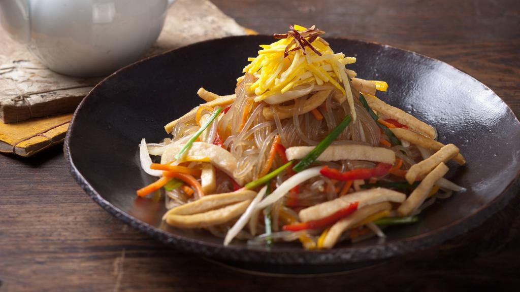 Jap Chae · Served with beef or without beef. Pan-fried vermicelli noodles with vegetables, beef, mushrooms and tofu.