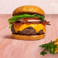 Back To Bacon Burger · American beef patty topped with melted cheese, layers of crispy bacon, lettuce, tomato, onio...