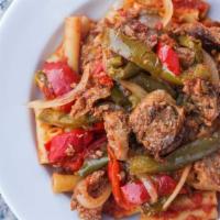 Sausage & Peppers Dinner · Sausage and peppers over spaghetti or ziti with homemade marinara and Parmigiano-Reggiano ch...