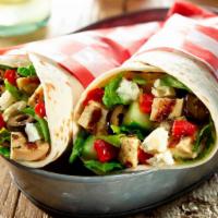 Mediterranean Wrap · Grilled chicken, hummus, feta cheese, lettuce, tomato.