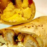 Food & Dairy|Egg & Hash Brown Burrito · Fluffy scrambled eggs, gooey cheddar cheese and yummy hash browns all wrapped in a white flo...
