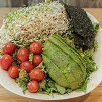 Kale Lime Salad · Shredded kale, nutritional yeast, grape tomatoes, cucumber, avocado, nori and alfalfa sprout...