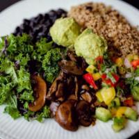 Superfood Quinoa Bowl · Vegan. Quinoa, housemade guacamole, marinated mushroom, pico de gallo, black beans, marinate...