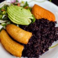 Plantain Rice Bowl · Vegan. Brown rice with black beans blend, oven roasted sweet potato, ripe plantain, romaine ...