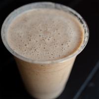 Peanut Butter Cup Smoothie · Almond milk, banana, peanut butter, raw cacao powder and two dates.