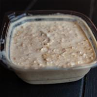 Raw Oatmeal · Soaked oats, cashew, filtered water, dates, coconut oil, vanilla extract and sea salt.
