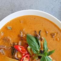 Lunch Red Curry (V/Gf) · Eggplant, bamboo shoot, bell pepper and basil leaves, with coconut milk served with Jasmine ...