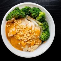 Lunch Praram (Peanut Sauce) (V) · Batter fried Meat with steamed mixed vegetables topped with peanut sauce and ground peanut s...