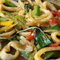 Pad Krapraw (Basil) (V) · Spicy**. Thai chili, onion, bell pepper, long hot pepper and basil leaves served with jasmin...