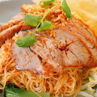 Ba Mee Moo Dang · Egg noodles, BBQ roasted pork, bok choy, beansprout, scallion and crispy wonton served with ...