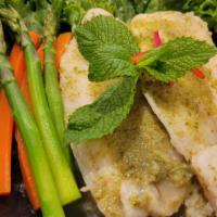 **New** Pla Neung Ma-Now · Spicy**, Steamed fillet of swai fish, napa, asparagus and carrot in the chili-lime-garlic sa...