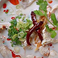 Tom Kha · Vegan, Gluten Free. Coconut-Galangal Broth, white mushroom, onion, scallion topped with frie...