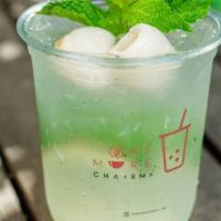Lychee Fizz (Non Caffeine) · Lychee, limes, topped with seltzer, mint.
