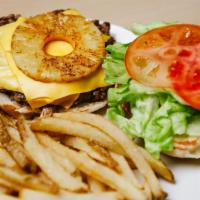 Hawaiian Burger With French Fries · Black Angus beef, lettuce, tomato, and grilled pineapple. Served with a pickle and French fr...