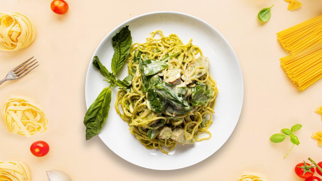 Pesto Of My Love  · Fresh basil leaves, garlic, grated parmesan cooked with spaghetti.