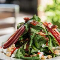Spinach Salad · Goat cheese, apples, walnuts and raspberry vinaigrette.