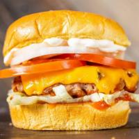 Cheese Burger · (8 oz) American-style vegan cheese melted between two fresh patties and placed on a soft, to...