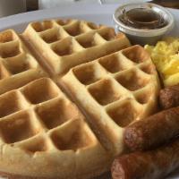 Belgian Waffle Combo · Waffle, 2 eggs, bacon, or sausage. Choice of juice or coffee.