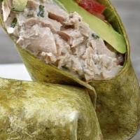 Tuna Wrap · Tuna salad, lettuce, onions, and tomato on a spinach, and herb wrap. Served with sweet potat...