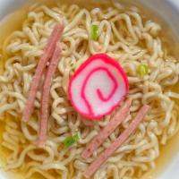Saimin · Oriental noodles served in a flavorful soup broth, garnished with green onion, kamaboko and ...