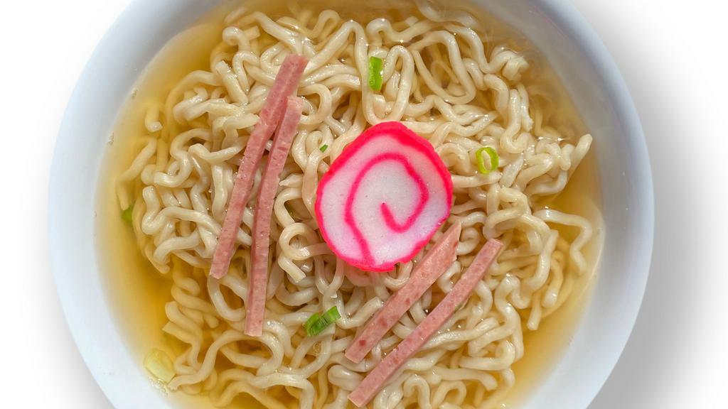 Saimin · Oriental noodles served in a flavorful soup broth, garnished with green onion, kamaboko and luncheon meat.