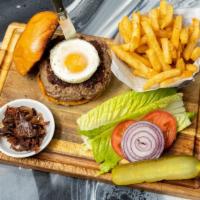 Blt Mocha Prime Short Rib Burger · House ground, spiced egg, lamb bacon, classic burger garnishes, sweet and smokey sauce, fren...