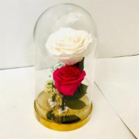 Happy Birthday Dome · An elegant large pink magenta rose and a Happy Birthday message printed on glass.Inside an a...