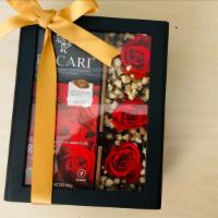Vegan Chocolate Roses Box · Organic vegan chocolate (3 bars roses flavor)and red or white preserved roses in a wood eleg...