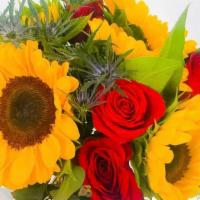 Sunflowers Bouquet · Sunflowers and roses bouquet.
Color of roses subject to availability.