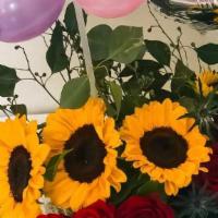 Sunflowers & Roses Basket Arrangement With Personalized Balloon · Sunflowers and roses in an adorned basket with balloons.