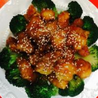 Sesame Chicken (Large) · Served with white rice.