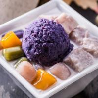 Taro Coconut Milk With Taro Mochi · Taro, coconut milk, sago Grass Jelly, taro sweet mochi, purple yam ice cream.