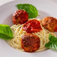 Spaghetti & Meatballs · Spaghetti pasta with hand rolled homemade seasoned beef, pork & veal meatballs in a light to...